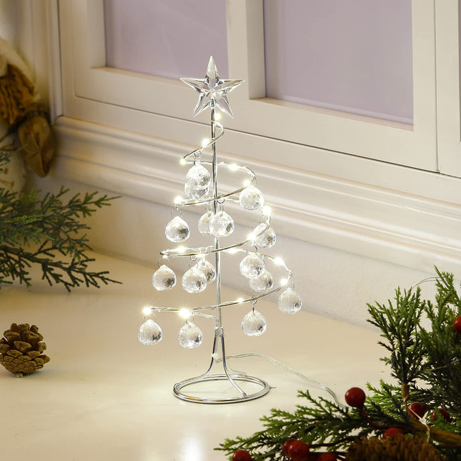 Lewondr Christmas Tree Lamp, 11 Inch Battery/USB Powered Crystal Spiral Christmas Tree Lava Lamp with Star Topper, Christmas Tree Light with Metal Stand Acrylic Balls for Home Bedroom Xmas, Silver