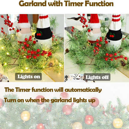 Christmas Garland Lights 6.56 FT Smokey Pine Garland with 30 LED Fairy Lights Battery Operated Garland Lights with Red Berries Bells Pine Cones Garland Christmas Lights Indoor Home Decorations