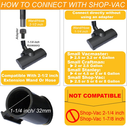 For Shop Vac Turbo Brush Head 1.25 Plus 2 12 Inch Vacuum Hose Adapter Compatible With Shop Vac Vacuum Attachment For Pet Hair Removal For Shopvac Using 1 14'' & 2 12'' Accessories