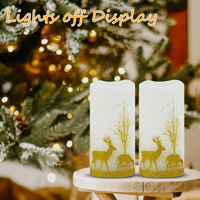 2Pack Christmas LED Flickering Flameless Candles, Battery Operated Wax Candles with Timer Remote, Flameless Pillar Candles with Forest Deer Decal for Home Decorations Christmas s [Gold, 3"X6"]