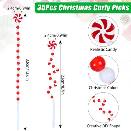35 Pcs Candy Cane Christmas Tree Decorations, Red and White Christmas Tree Picks, Woolen Candy Shape Curly Picks Candy Cane Ornaments Christmas Decorations for Xmas Tree Topper Home Vase Wreath Decor