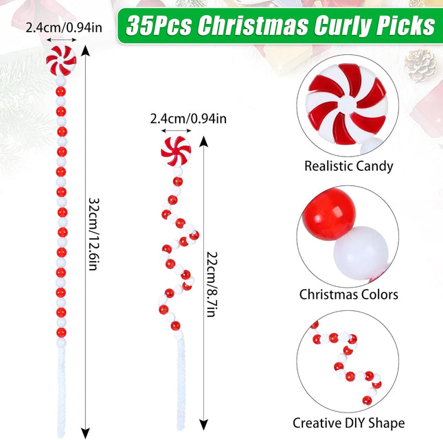 35 Pcs Candy Cane Christmas Tree Decorations, Red and White Christmas Tree Picks, Woolen Candy Shape Curly Picks Candy Cane Ornaments Christmas Decorations for Xmas Tree Topper Home Vase Wreath Decor