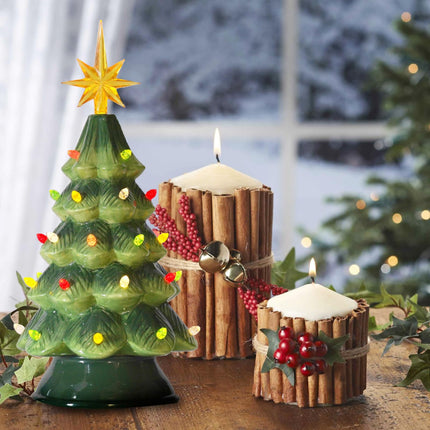 man House Studio Prelit Ceramic Christmas Tree Decorations - Artificial Christmas Tree with 33 Multicolor Lights 9.5H inches Merry Timer Function LED Light Up by Battery Tree Topper