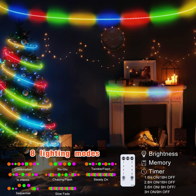 Christmas Rope Lights Outdoor, 33Ft 400 LED Multicolored String Lights, Waterproof Tube Light Plug in 8 Modes Timer Memory, Permanent Christmas Lights for Tree Fence Garden Indoor Decorations