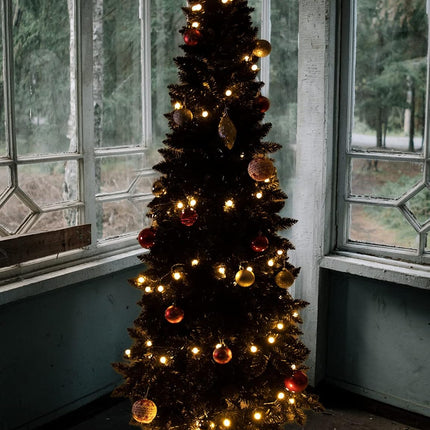 7ft Artificial Pencil Slim Black Christmas Tree Unlit-Tall Skinny Hinged Full Real Tall Halloween Xmas Tree with 950 Branch Tips-Foldable Metal Stand-Easy Setup-Holiday Outdoor Indoor Décor