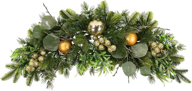 U'Artlines Christmas Swag for Front Door, 27.5" Artificial Decorative Swag with Glitter Gold Berry, Christmas Ball for Indoor & Outdoor Window Wall Fireplace Mantle Home Holiday Xmas Decor Swag
