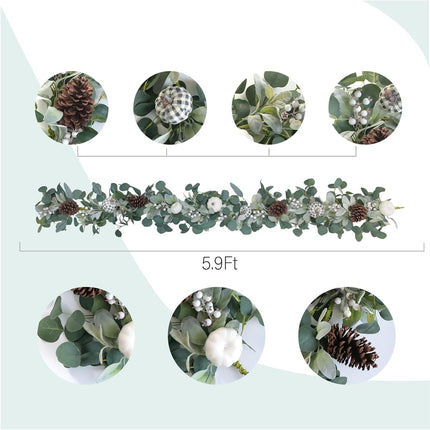 TEMPUS White Pumkin Garland 5.9Ft Artificial Eucalyptus Garland with Pumpkins Pine Cones Lamb Ear Leaves Garland for Wedding Arch Backdrop Thanksgiving Table Farmhouse Decor