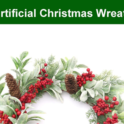 19 inch Artificial Christmas Wreath for Front Door Winter Holiday Wreath with Flocked Lambs Ear, Red Berry Clusters, Pine Needle Branches, Pinecones for Indoor Outdoor Home Wall Window Xmas Decor