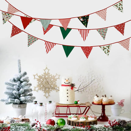 Zwiebeco 32Ft Christmas Pennant Banner Fabric Triangle Flags Garland Red Green White Cotton Bunting Banner for Xmas Party Birthday Wedding Christmas Year Fireplace Home Garden Outdoor Decorations