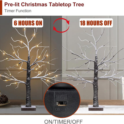 Snow Dusted Tabletop Christmas Tree, 24” Battery Operated Artificial Snowy Tree Lights with 24 Warm White LED Timer Function for Indoor Christmas Winter Party Decor