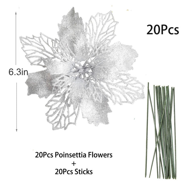 DearHouse 20Pcs Christmas Poinsettia Flowers with 20pc Sticks, Artificial Flowers Glitter Poinsettia Christmas Wreath Christmas Tree Ornaments for Christmas Decorations (Silver)