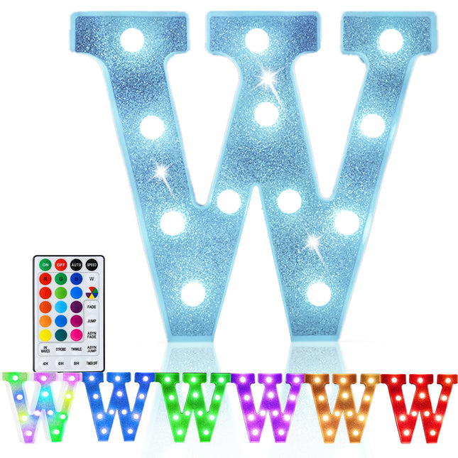 Pooqla Colorful Light Up Letters, Led Letter Lights Marquee Letter Signs Battery Powered, 18 Colors Letter Lamp with Remote for Birthday Party Wedding Home Bar Christmas Decorations, Glitter Silver W