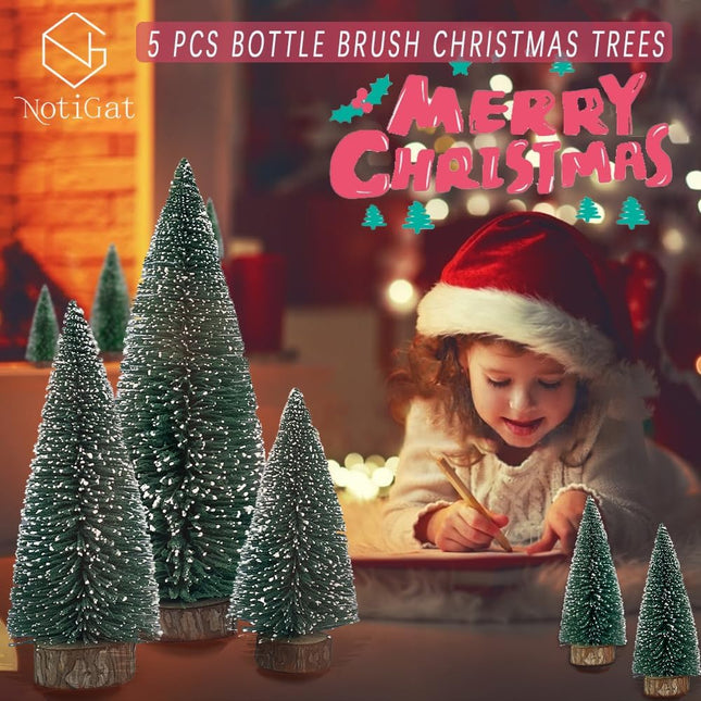 Mini Christmas Tree Bottle Brush Christmas Trees with Wooden Bases Christmas Decorations for Party Table top decer Christmas Tree （5pcs）