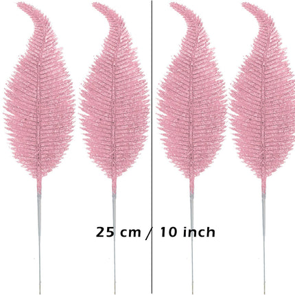 20 Pieces Artificial Christmas Glitter Leaves Branches Sparkly Fake Leaf Sprays for Christmas Tree Picks 10" Ornament Flower Arrangements DIY Crafts Wreaths Holiday Decoration Tree Fillers (Pink)