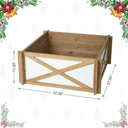 Glitzhome Farmhouse Wooden Tree Collar, 27.5" L Natural & White Christmas Tree Base Cover Xmas Tree Skirt Tree Box