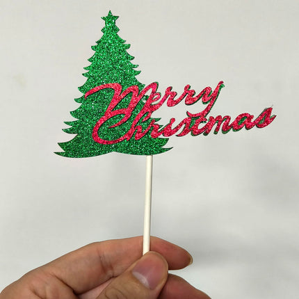 Christmas Cake Topper Red Glitter Merry Christmas Cake Topper Christmas Tree Party Cake Decoration for Christmas Xmas Holiday Party Cake Supllies-10pcs