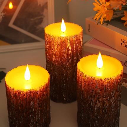 AKU TONPA Pine Bark Effect Flameless Candles Battery Operated Pillar Real Wax Flickering Electric LED Candle Sets with Remote Control Cycling 24 Hours Timer, 3" x 4" 5" 6" Pack of 3