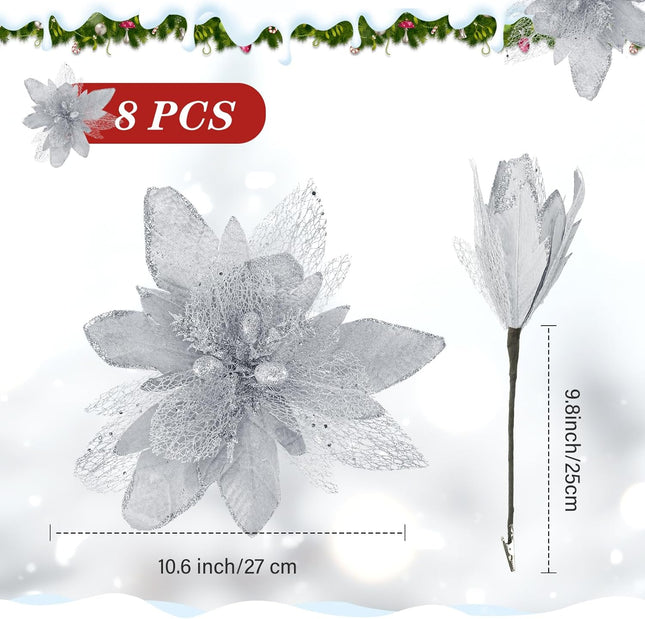 Riceshoot Poinsettia Flower Artificial Poinsettia with Clips Christmas Decor Glitter Poinsettia Christmas Ornaments Christmas Tree Flower Decoration with Stem Xmas Wreath Holiday Home Decor(Silver)