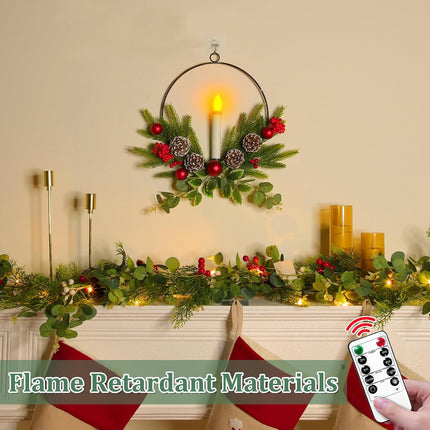 TURNMEON 15 Inch Christmas Front Door Wreaths with LED Candles & Timer Remote, Xmas Wreath with Xmas Ball Pinecone Red Berry Battery Operated Light up Christmas Window Mantel Holiday Home Decorations