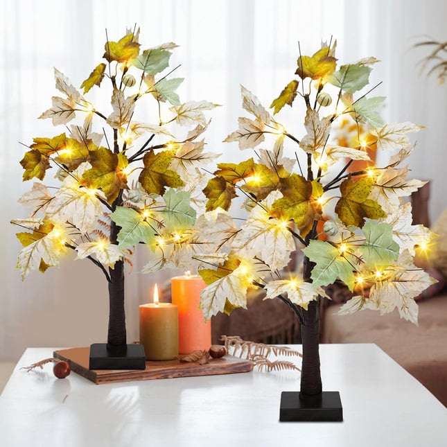 Uieke 2 Packs 24inch Artificial Lighted Fall Maple Tree 48 LED Fall Decor Table Lights with 6 White Pumpkins Battery Operated Timer, Fall Decorations or Home Thanksgiving Autumn Harvest (Green White)