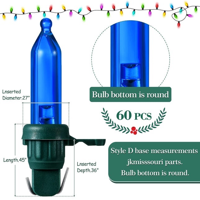 60 Pcs Christmas LED Replacement Bulb Mini Wide Angle LED Xmas Bulb LED Tree Light Bulb Outdoor String Light Replacement Bulb for Christmas Garden Tree Party Decor (Green Base with Multi Color Bulb)