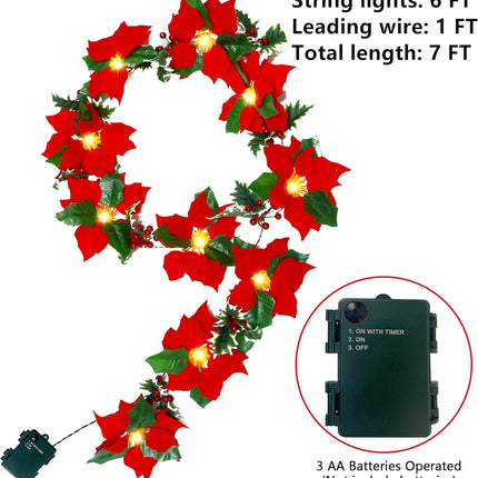 Twinkle Star 2 Pack Pre-Lit Christmas Poinsettia Garland with Red Berries and Holly Leaves, 6 FT Velvet Artificial Flower Xmas String Lights, Battery Operated Cordless Indoor Outdoor Home Decorations