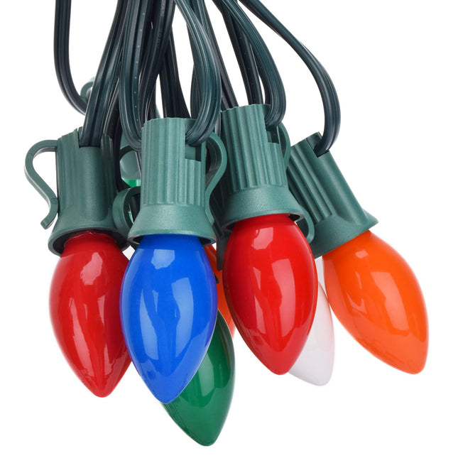 Christmas Lights 25FT, C7 Vintage Christmas String Lights with 27 Multicolor Ceramic Bulbs, Hanging Outdoor & Indoor String Lights for Christmas Decor (Green Wire)