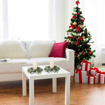 4 pcs Artificial Frosted Cedar and Pine Cone Candle Rings Christmas Candle Holder Rings Faux Cedar Twigs Wreath Mini Window Wreaths 11.8" Wide for Christmas Holiday Winter Season Decoration