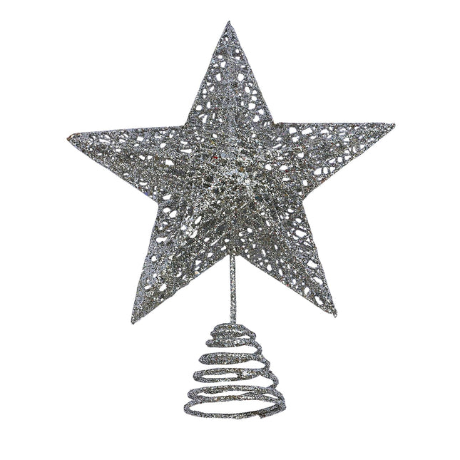 Silver Metal Christmas Tree Topper Glittered Xmas Treetop Hollow Star Topper for Christmas Party Home Decoration