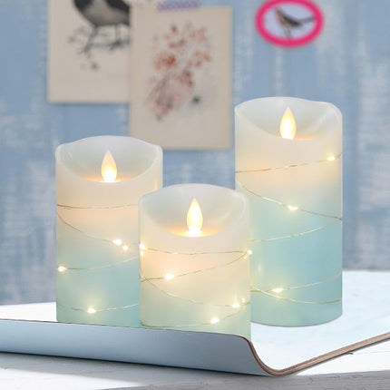 MELTONE Flameless Candles with String Lights Moving Wick Real Wax Ocean Blue Battery Operated Candles with Remote Control & Timer - Home Holiday Farmhouse Christmas Decor - Set of 3