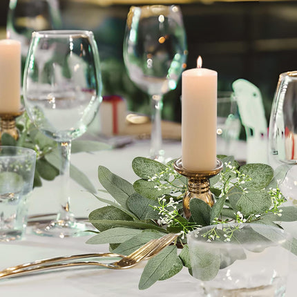 2Pcs Candle Rings, Artificial Eucalyptus Leaves Candle Wreaths for Pillar, Greenery Willow Leaves Gypsophila Candle Wreath for Wedding Centerpieces Home Party Table Decor (Green)