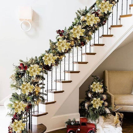 Sawowkuya 15 Pcs Gold Poinsettia Artificial Flowers Glitter Artificial Christmas Flowers Decorations with Clips for Xmas Tree Ornaments Wedding Party Wreath Decor