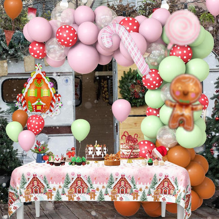 120PCS Christmas Balloon Garland Arch Kit Decorations Pink Green Gingerbread Christmas Balloon Garland with Tablecloth Candyland Candy Cane Christmas Xmas Cookie Holiday Party Decorations