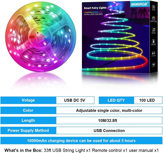 Smart Color Changing Christmas Lights,33ft 100 LED USB Fairy Lights with APP Control,12 Scenes and Music Sync LED String Light for Room Indoor Christmas Tree Decoration