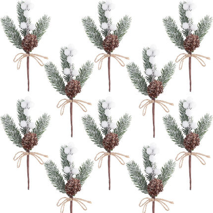 10PCS Artificial Christmas Picks White Berry Stems Faux Frosted Pine Branches Holly Spray with Bow-knot Pinecones for Xmas Tree Flower Arrangement Wreath Winter Holiday Season Décor (White, 10)