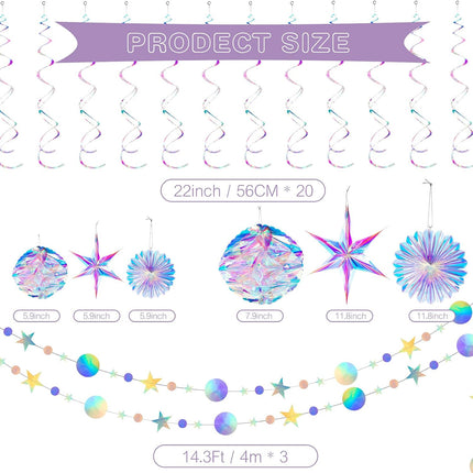 29 Pieces Home Iridescent Party Supplies Kit with Hanging Honeycomb Ball Decorative Paper Fan Snowflake Garlands White Star Hanging Swirl Decorations for Birthday Wedding Party Decorations