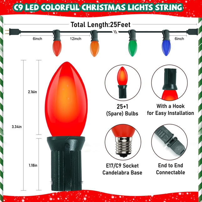 C9 LED Multicolored Christmas Lights, 25Ft Christmas String Lights with 26 Colorful Ceramic LED Bulbs(1 Spare), Hanging Outdoor String Lights for Holidays, Christmas Prom Party Garden Decor
