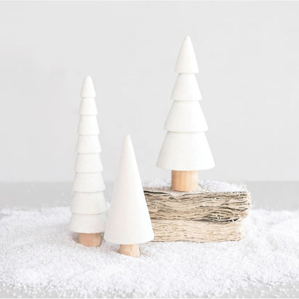 One Holiday Way 7-Inch Set of 3 Decorative Flocked White Velvet Wood Christmas Tree Figurines w/Glitter - Xmas Party Tabletop Mantel Shelf Sitter Decoration - Winter Wedding Decorations Home Decor