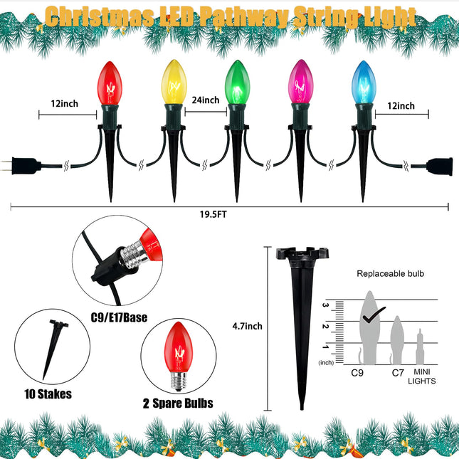 38Ft Christmas Pathway String Lights Outdoor with C9 25 Multicolor Christmas Pathway Marker Stakes Lights, Extendable C9 Outdoor Walkway Lights for Outside Xmas Party Holiday Backyard Sidewalk Decor