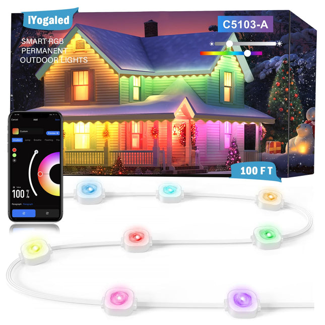 Permanent Outdoor Christmas Lights 100ft,Smart RGB Outdoor Lights Color Changing Eave Lights with 63 Scene Modes, IP67 Waterproof Permanent Holiday Lights Outdoor,APP,Voice,Remote Control