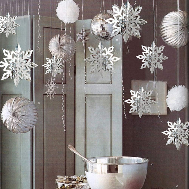 24Pcs Snowflake Christmas Hanging Party Decor Supplies,12 PCS 3D Silver Snowflakes & 12PCS 3D White Paper Snowflakes Hanging Garland for Christmas Winter Holiday Year Wonderland Party Decoration