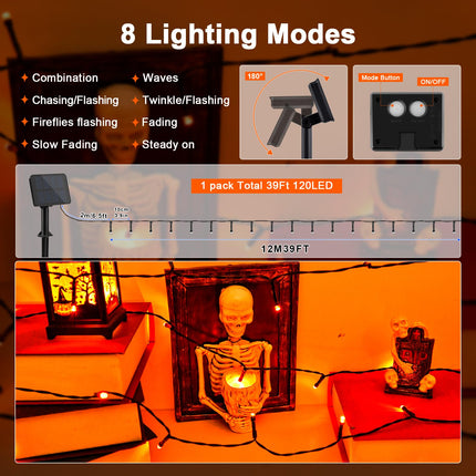 Solar String Lights for Halloween, Orange Halloween String Lights 39.4ft 120LED 8 Modes for Garden Yard Patio Tree Christmas Deorations