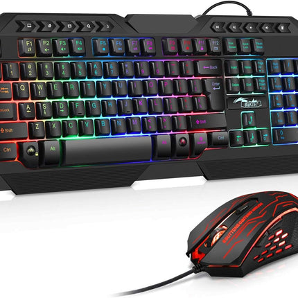 Multiple Color LED Rainbow Backlit Wired Gaming Keyboard and Mouse Combo, USB Ergonomic Computer Keyboard with 7 Colors 3600DPI 6 Button Mouse for PC Windows Mac Game and Work