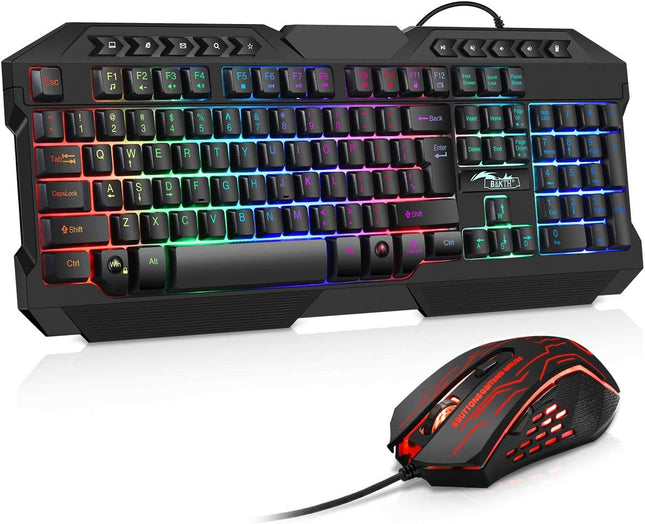 Multiple Color LED Rainbow Backlit Wired Gaming Keyboard and Mouse Combo, USB Ergonomic Computer Keyboard with 7 Colors 3600DPI 6 Button Mouse for PC Windows Mac Game and Work