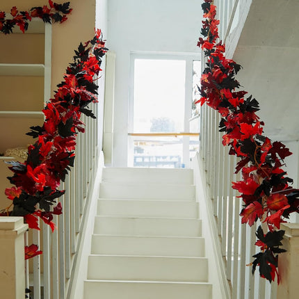 PARTY JOY 6PCS Black Red Leaf Garland, 5.6Ft Halloween Garland Artificial Maple Leaf Autumn Garland Hanging Fall Vines Table Decorations for Thanksgiving Front Door Decorations Fall Decor