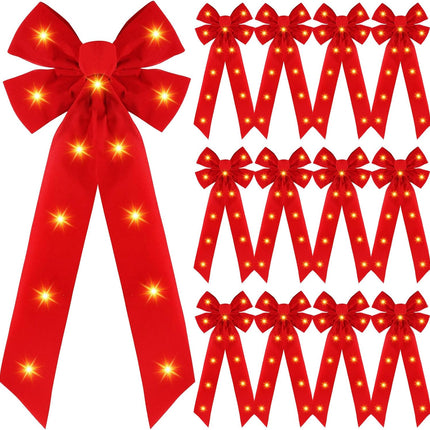 Crowye 12 Pcs Red LED Christmas Bows Lighted Xmas Bows Decoration Red Velvet Wreath Bows LED Light Bows Christmas Tree Topper for Indoor Outdoor Christmas Winter Decoration(8 x 19 Inches)