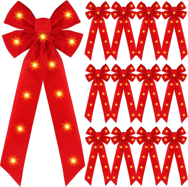Crowye 12 Pcs Red LED Christmas Bows Lighted Xmas Bows Decoration Red Velvet Wreath Bows LED Light Bows Christmas Tree Topper for Indoor Outdoor Christmas Winter Decoration(8 x 19 Inches)