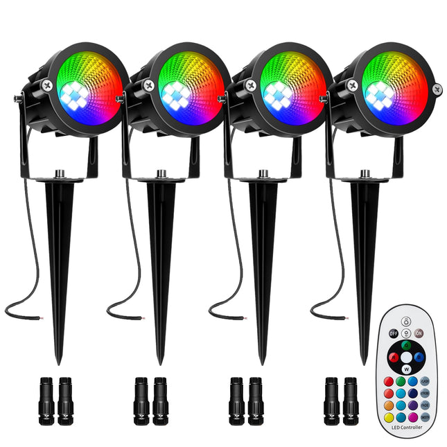 RGBW Low Voltage Landscape Lighting with Connectors, 10W 12V Color Changing LED Spotlights with Remote for Halloween Christmas, IP65 Waterproof Outdoor Landscape Lights for Garden Yard 4 Pack