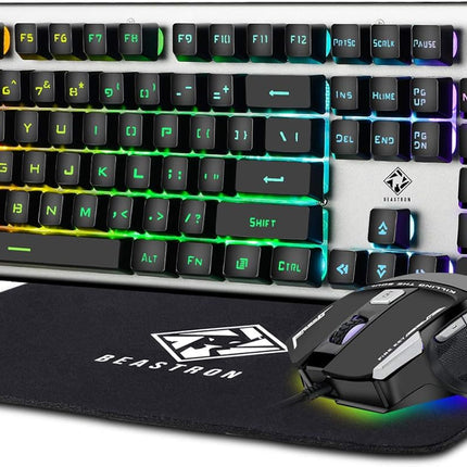 Beastron RGB Backlit Gaming Keyboard with Mouse Combo and Mouse pad, Multimedia Keyboard Knob,Mechanical Feel USB Wired Keyboard for Windows PC