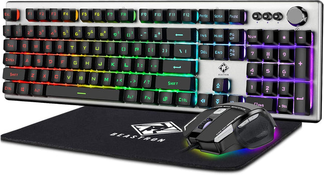 Beastron RGB Backlit Gaming Keyboard with Mouse Combo and Mouse pad, Multimedia Keyboard Knob,Mechanical Feel USB Wired Keyboard for Windows PC